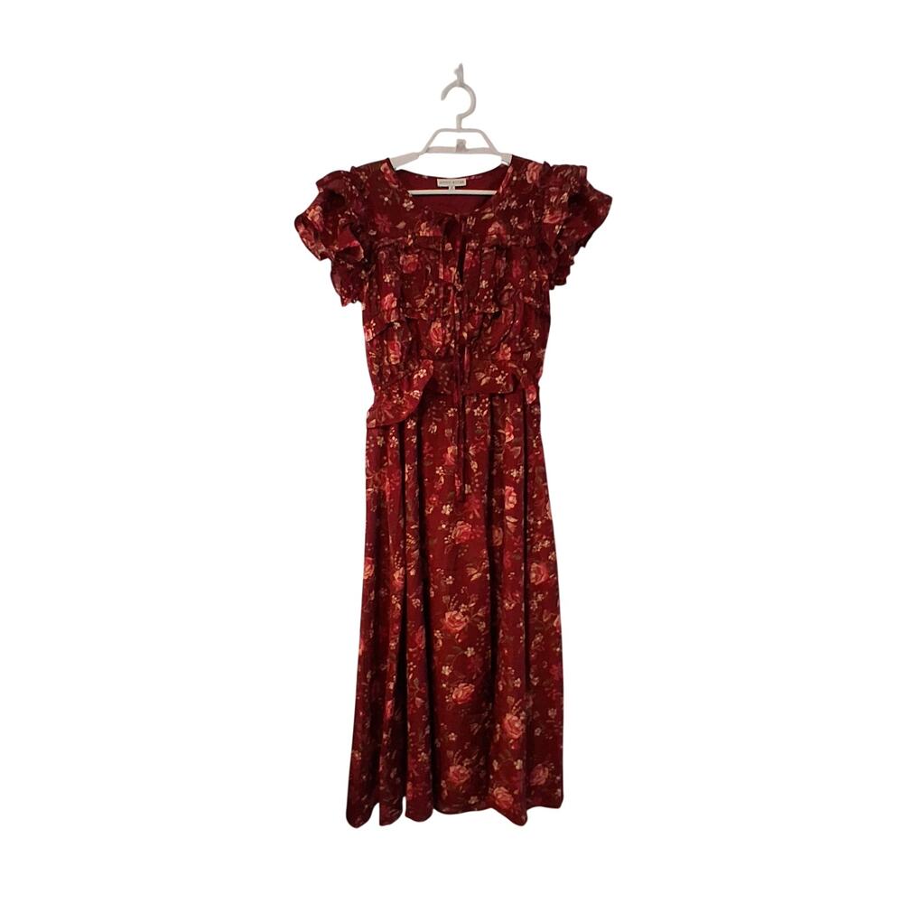Tuckernuck Moon River Oxblood multi floral midi dress womens Small ruffles